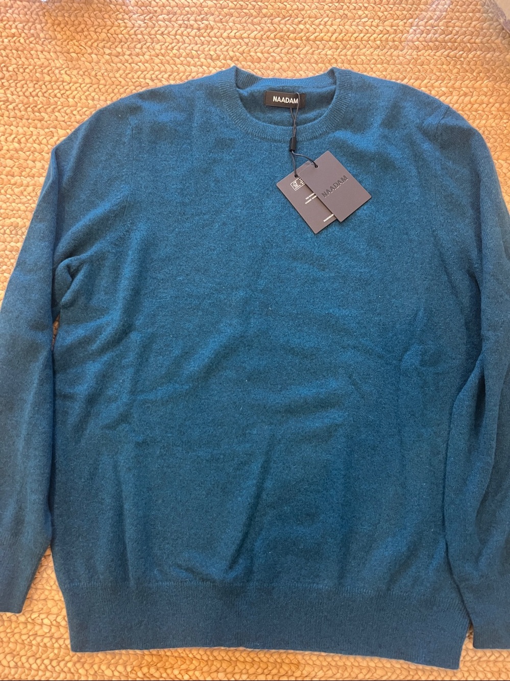 New NAADAM Men's Cashmere Crew Neck Long Sleeve Size L Teal Blue
